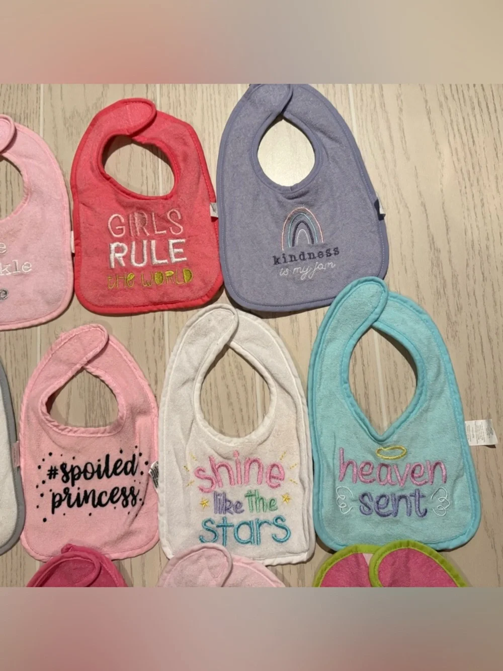 Baby Girl Bib Bundle 14 Pc Pink‎ Cute Sayings Cotton Terry Mixed Brands EUC